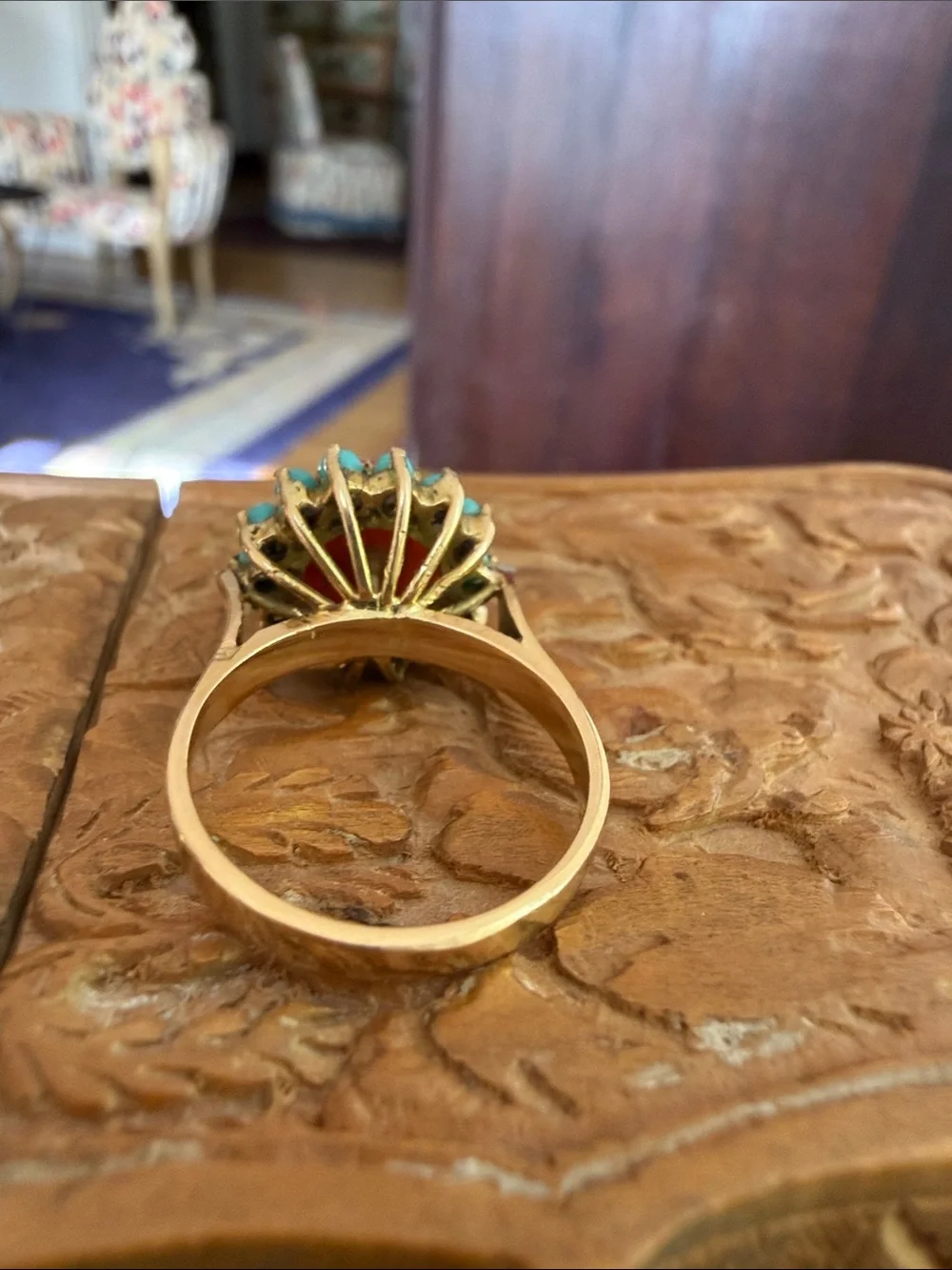 Vintage 14K Gold Sunburst ☀️Ring with Coral Center and Turquoise Halo
